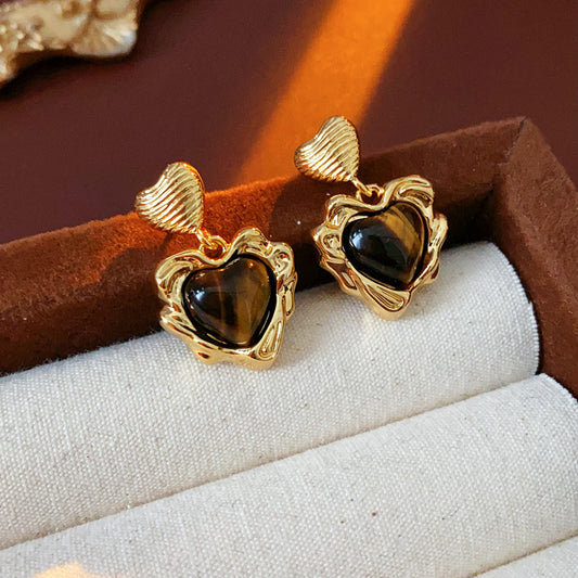 Vintage Rose Tiger Eye Heart Earrings
