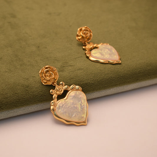Vintage Rose Pink Heart Hollow Studs