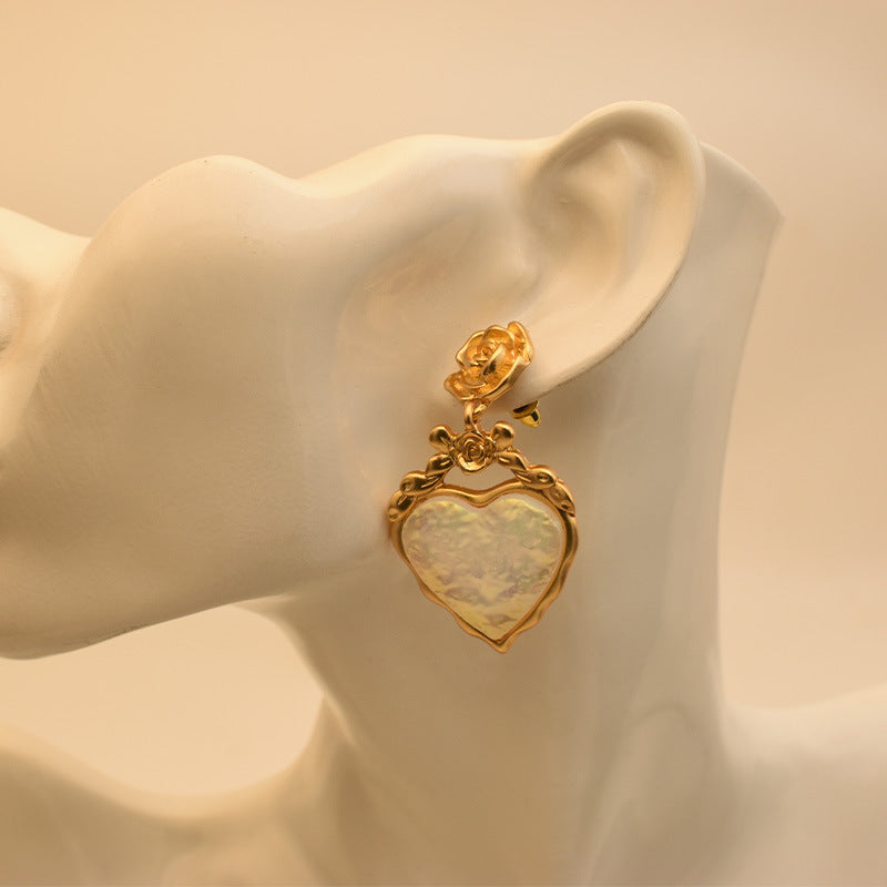 Vintage Rose Pink Heart Hollow Studs
