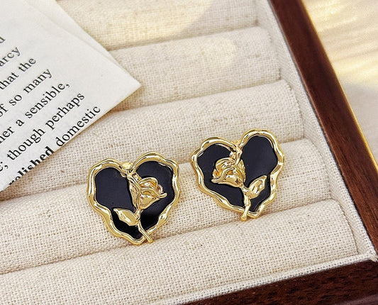 Midnight Rose Heart Studs”