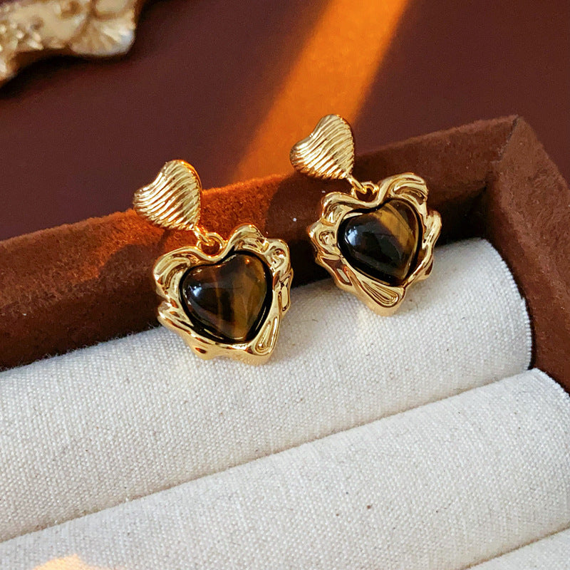 Vintage Rose Tiger Eye Heart Earrings